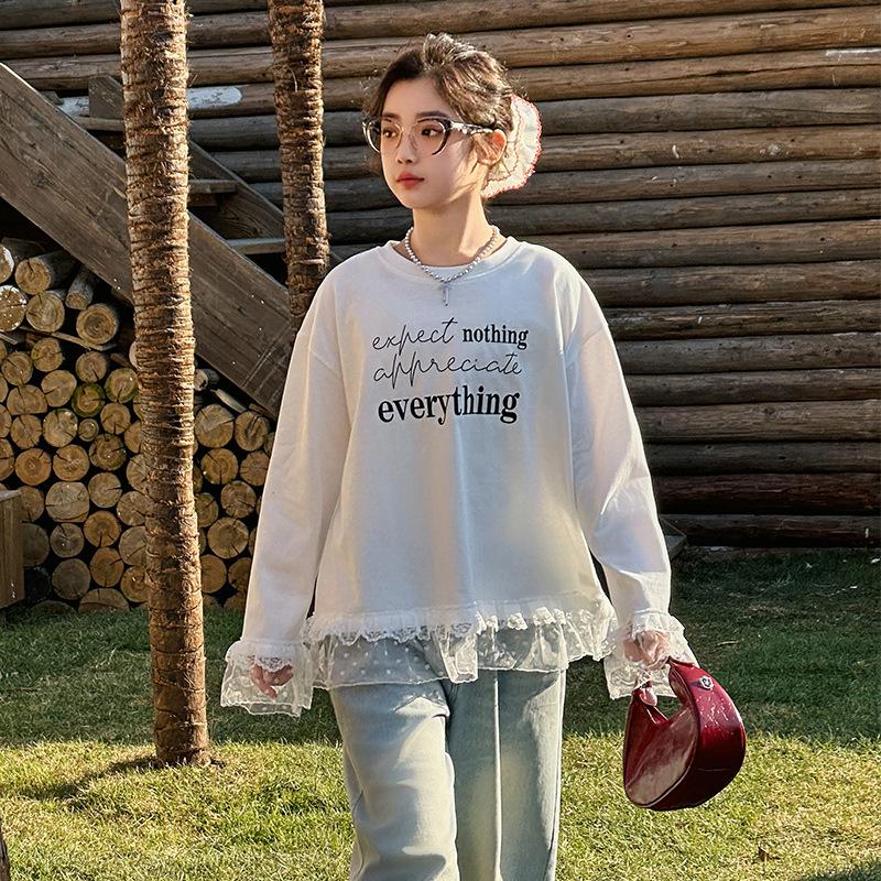 Plus Size Girls' White Lace Long Sleeve T-shirt for Spring & Autumn