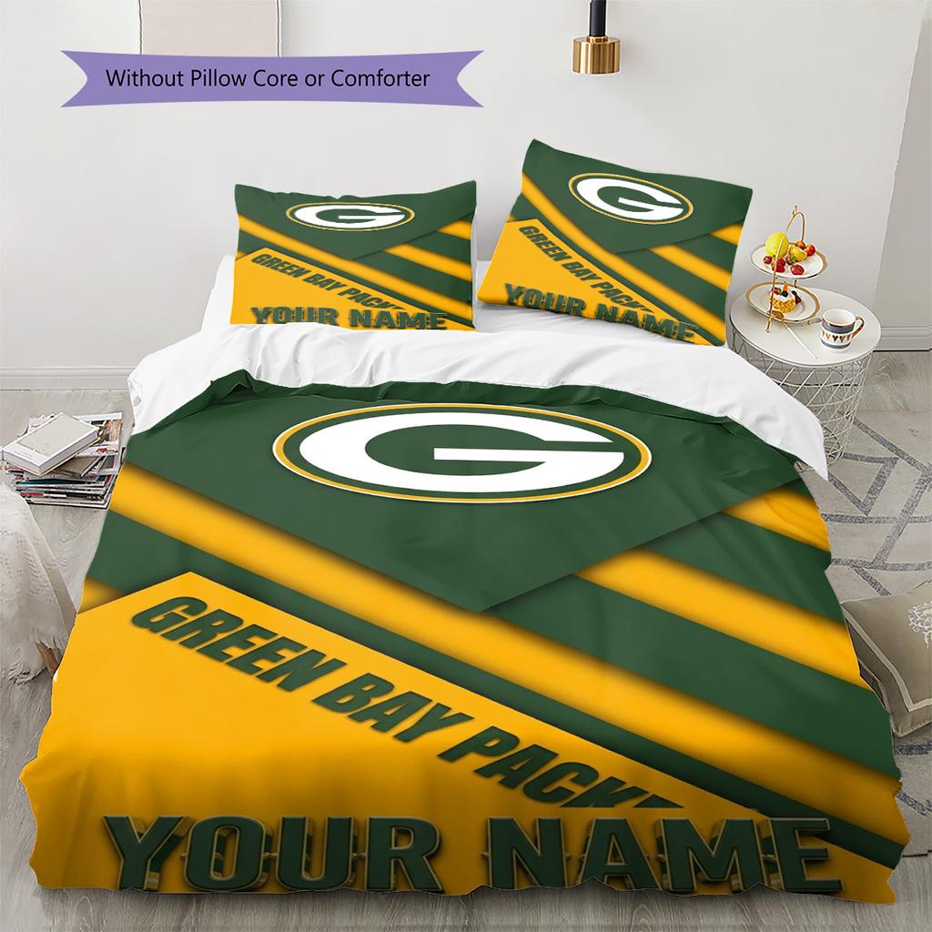 Name Custom Green Bay Packers Pattern Bedding Set Quilt Cover Pillowcase Home Decor Gift (1 * Duvet Cover + 2 * Pillowcase, Without Core)