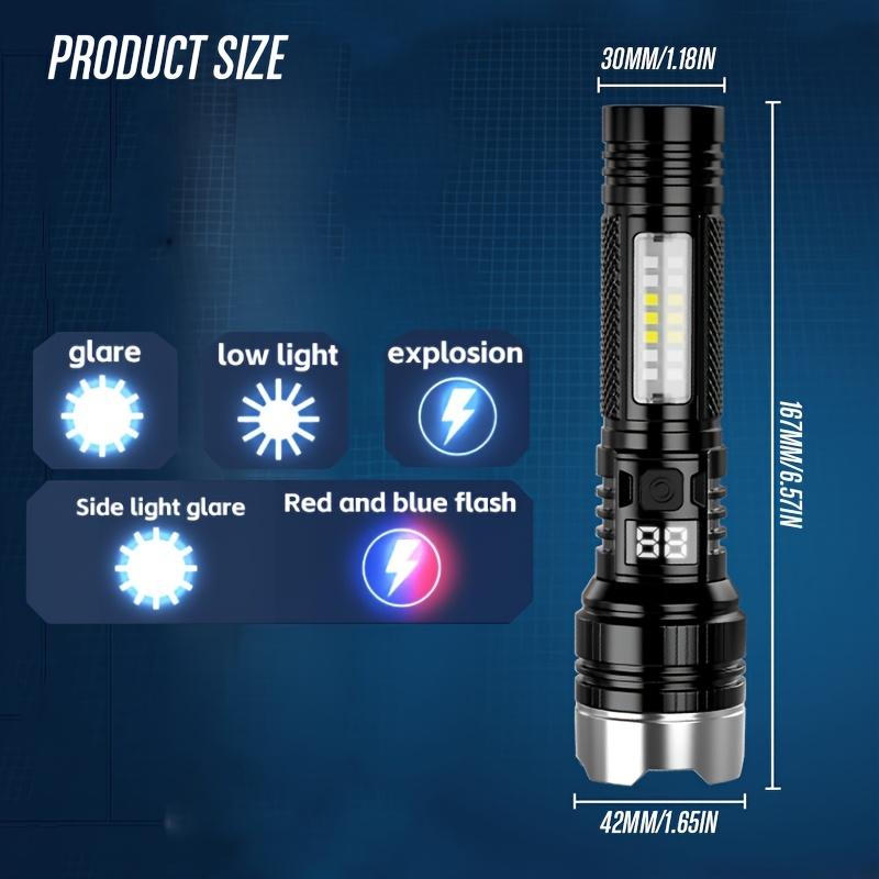 Ultrahelle LED-Taschenlampe, wiederaufladbar, mit variablem Zoom und Rot/Blau-Frequenzblitz für Camping, Angeln, Familie, Notfallsituationen, Langlebig