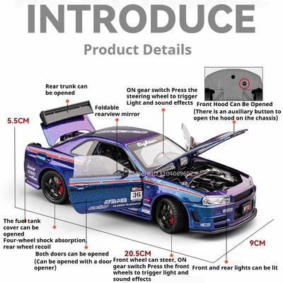 Scale 1:24 GTR R34 Car Model Toy Wheel Steering Doors Opened Sports Cars Music Light Pull Back Models Boys Interactive Toys