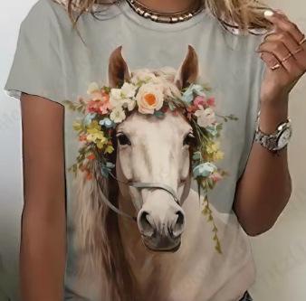 Women's T-Shirt Summer Vintage Women's T-Shirt Horse 3D Printed T-Shirt Men's and Women's Fashion, Comfortable, Crew Neck, Short Sleeve T-Shirt