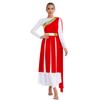 S-XXL Lyrical Worship Dance Dress One Shoulder Sleeveless Metallic Shiny Patchwork Slit Hem Tunic with Drape for Stage