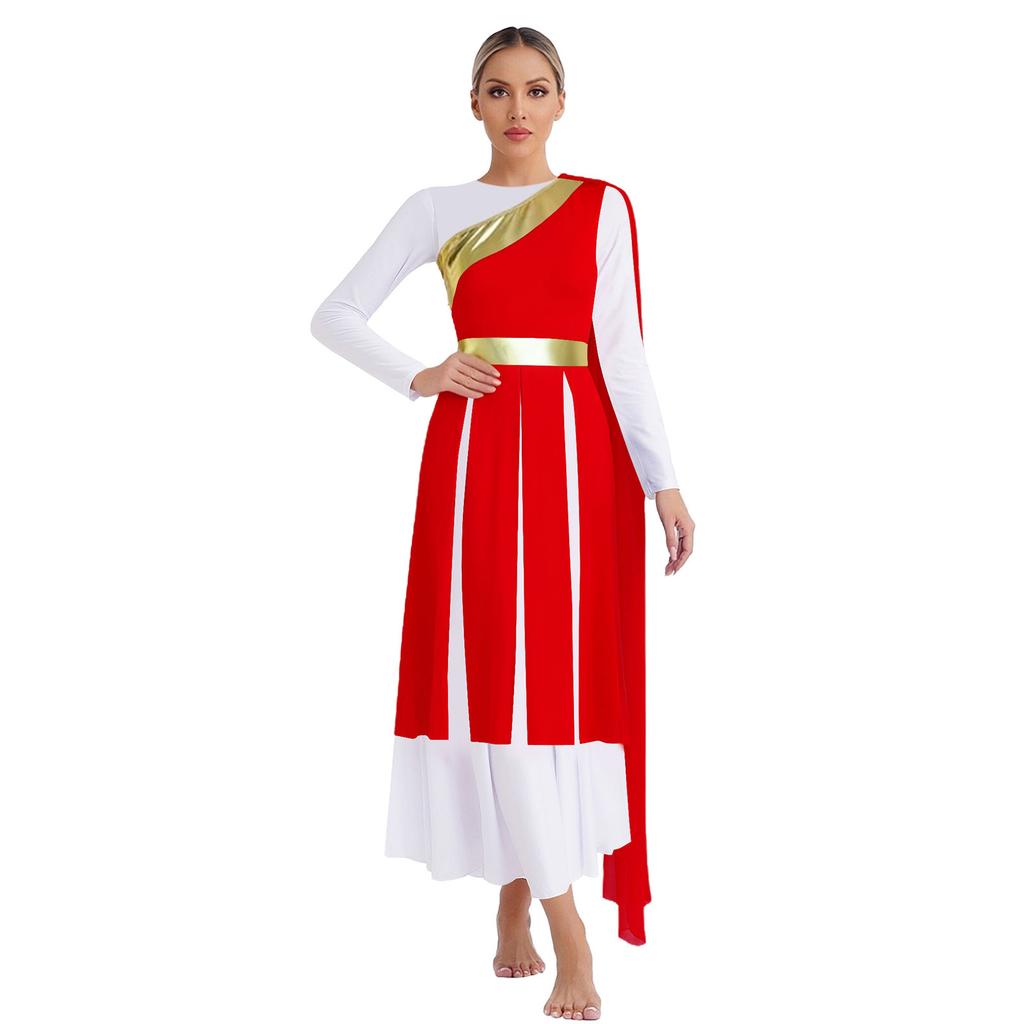 S-XXL Lyrical Worship Dance Dress One Shoulder Sleeveless Metallic Shiny Patchwork Slit Hem Tunic with Drape for Stage