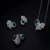 European-American Luxury Emerald Three-Piece Set: Open Ring, Ear Studs, Necklace with Full Diamond Inlay.