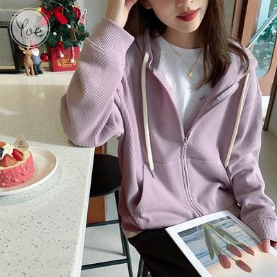 Women's Korean Style Waffle Knit Hooded Jacket (Spring/Autumn) - Slimming, Loose Fit, Plus Velvet, Zipper Cardigan Top