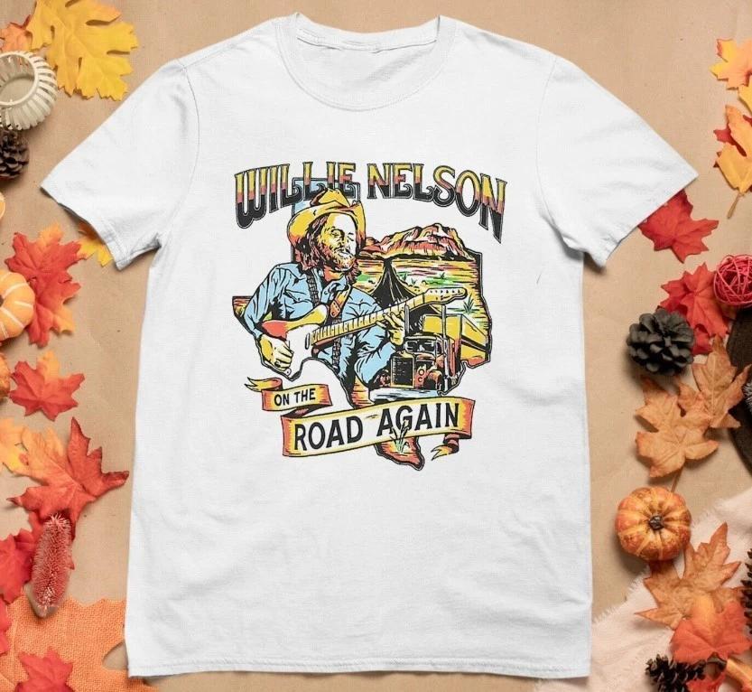Vintage Willie Nelson Road Again T-Shirt White Cotton Gift Fans Music All Size L