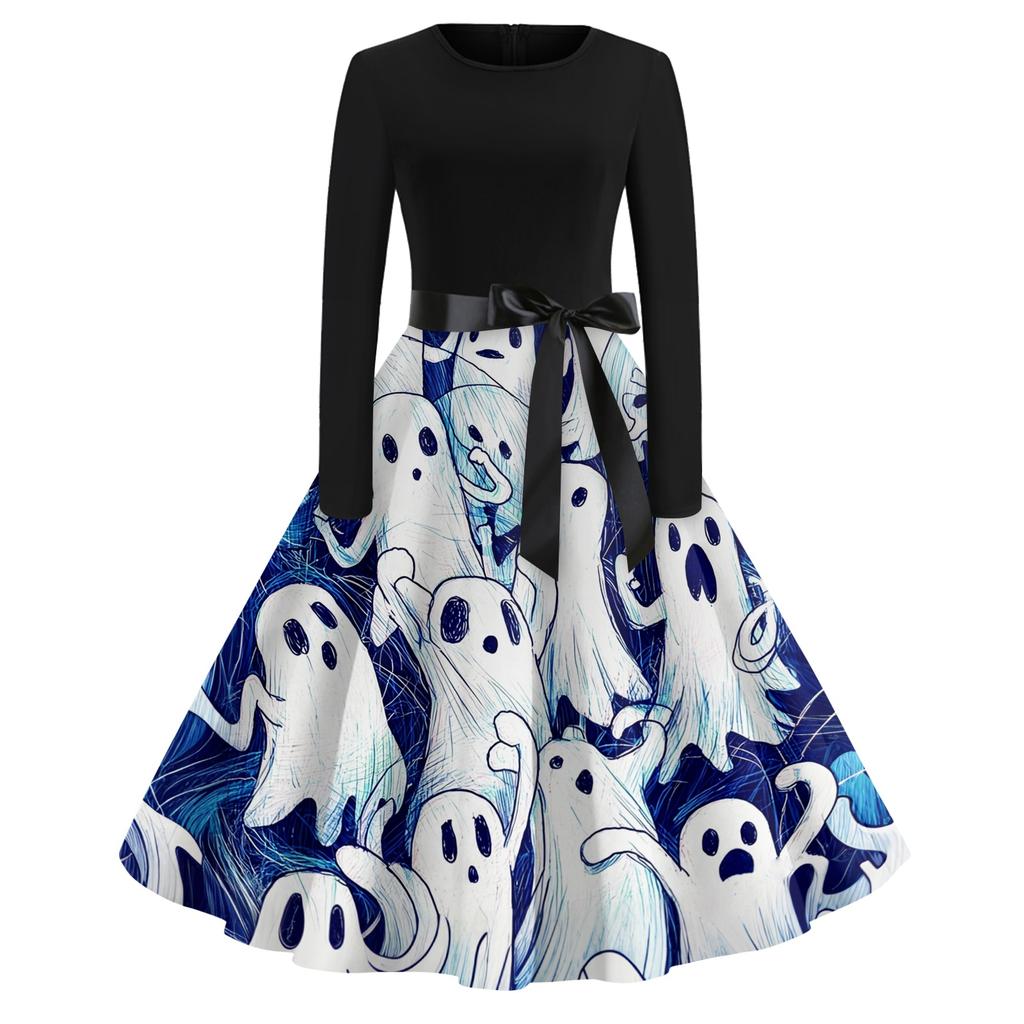 Women's Casual Halloween Print Dress Long Sleeve Round Neck Vintage Style Midi Dress with Waist Tie for Seasonal Occasion