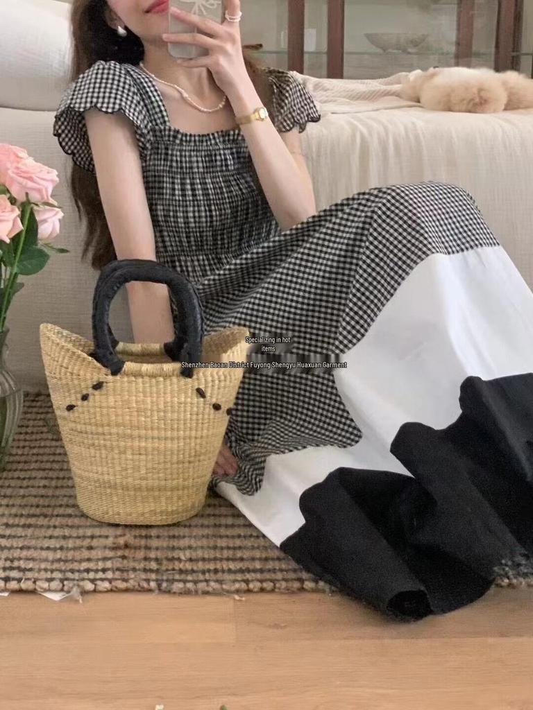 Damen Sommer 2023 Kariertes A-Linien-Kleid mit Kontrastfarbe und kurzen Flatterärmeln