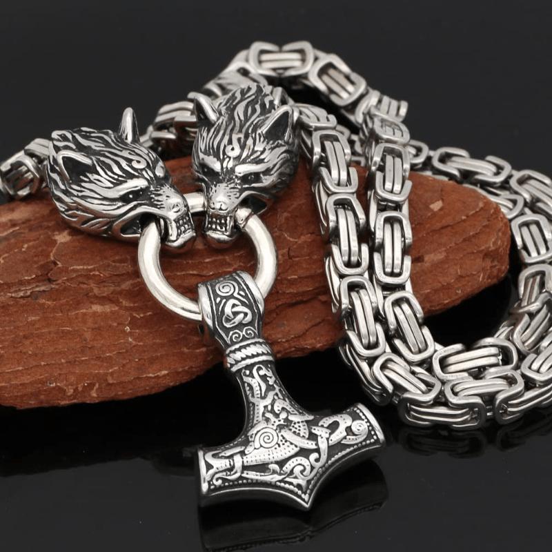 Wolf Head Pendant Byzantine Emperor Chain Necklace Bracelet Set Norwegian Viking Amulet Thor Hammer King Jewelry For Men
