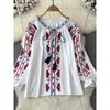 Ethnic Style Retro Embroider Tops Women's Clothing 2024 Summer New Arrival Loose Lace-up Slim Fit Slimming Puff Sleeve Shirt