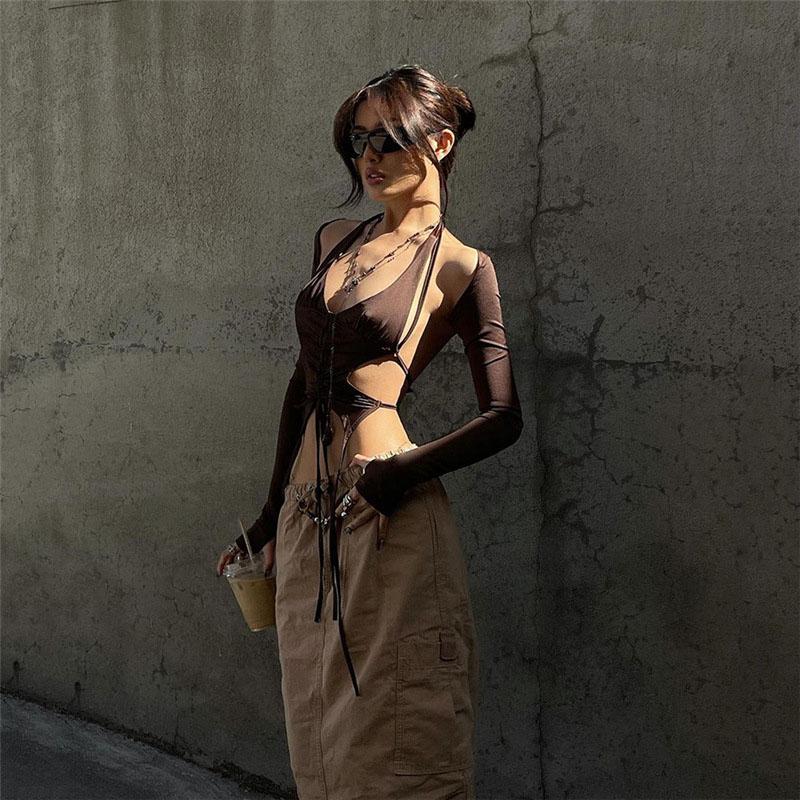 Y2k Streetwear 2 Piece Long Sleeve Halter Crop Top Sexy Trendy Irregular Backless Women T-shirts Aesthetic