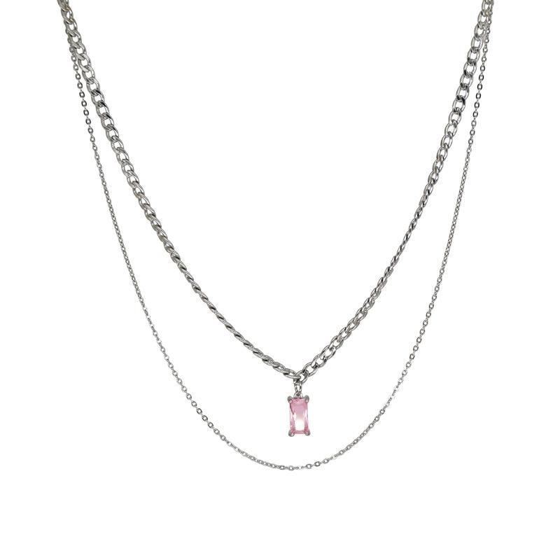 

New square double layer stacked pink diamond necklace ins accessories 1111 summer personality jewelry hip hop necklace