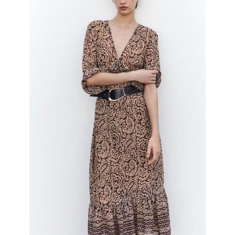 Za2025 Spring New Women's Clothing Elegant Laminated Decoration Printed V-neck Midi Skirt Dress 3564054 330