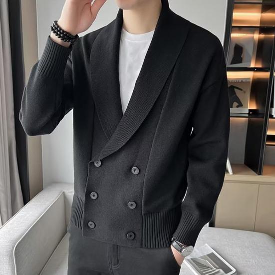 Men Sweater Coat Turn-down Collar Solid Color Long Sleeves Cardigan Buttons Warm Elastic Double-breasted Men Spring Coat for Work