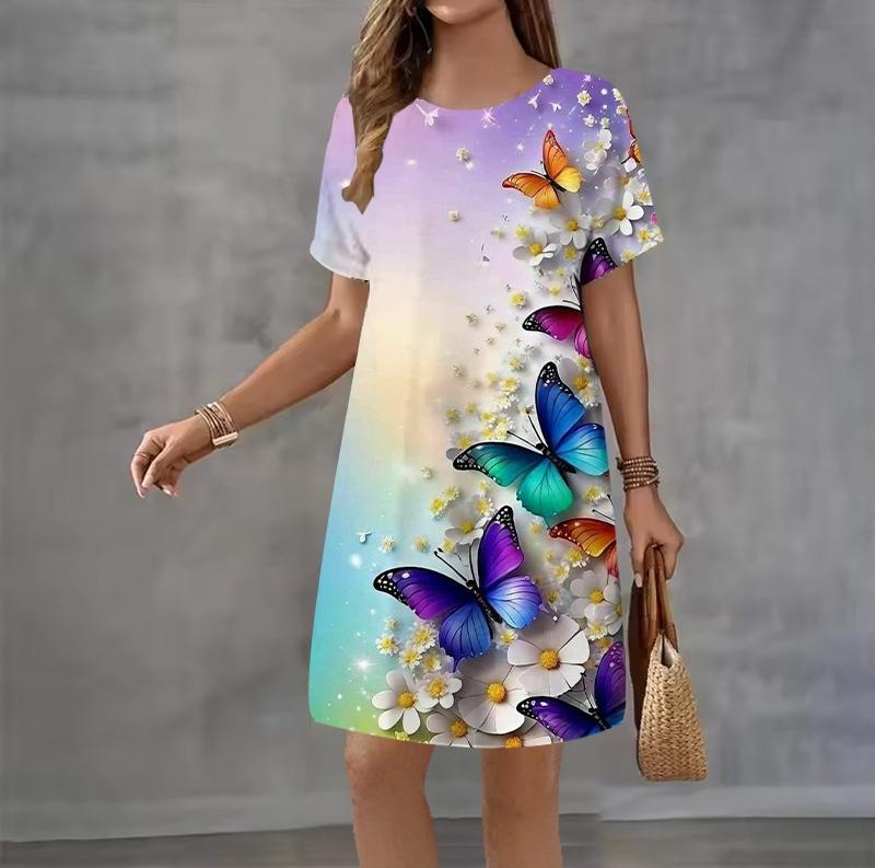 Fashion 3D Print Summer Dress Loose Casual Short Sleeve O-Neck Mini Dress