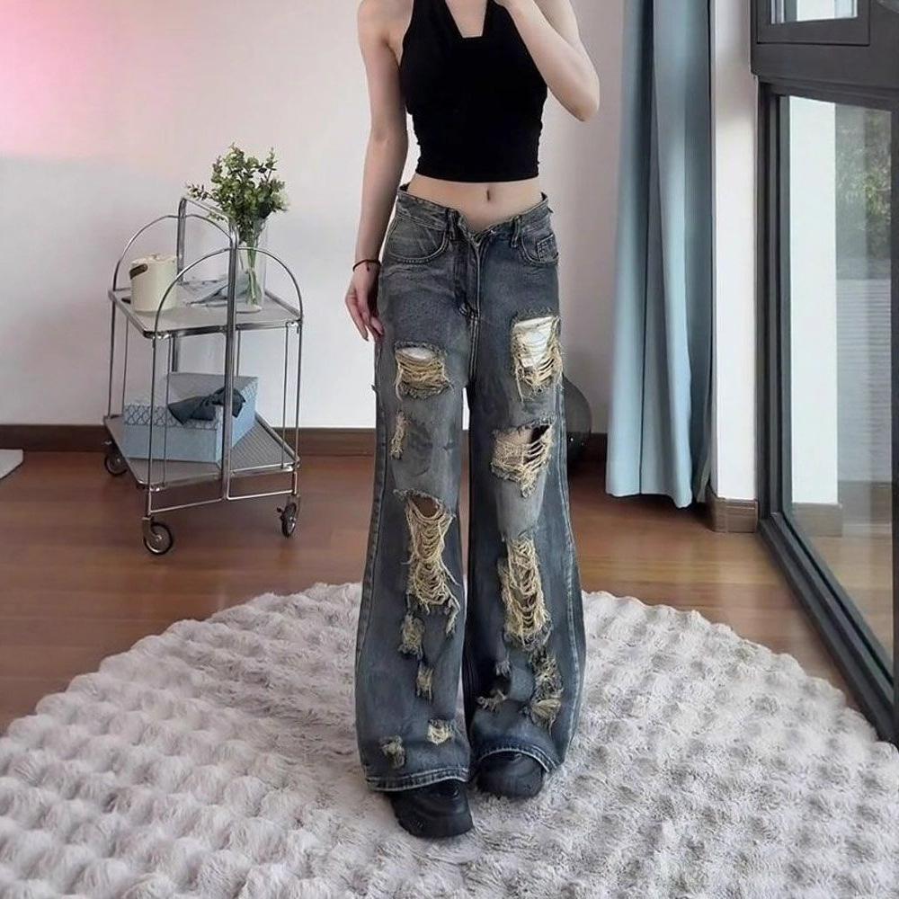Do Old Hole Straight Jeans Women Autumn Retro Wide-leg Trousers Casual High-waisted Thin Dragged Floor Trousers Jeans for Women Long Denim Pants