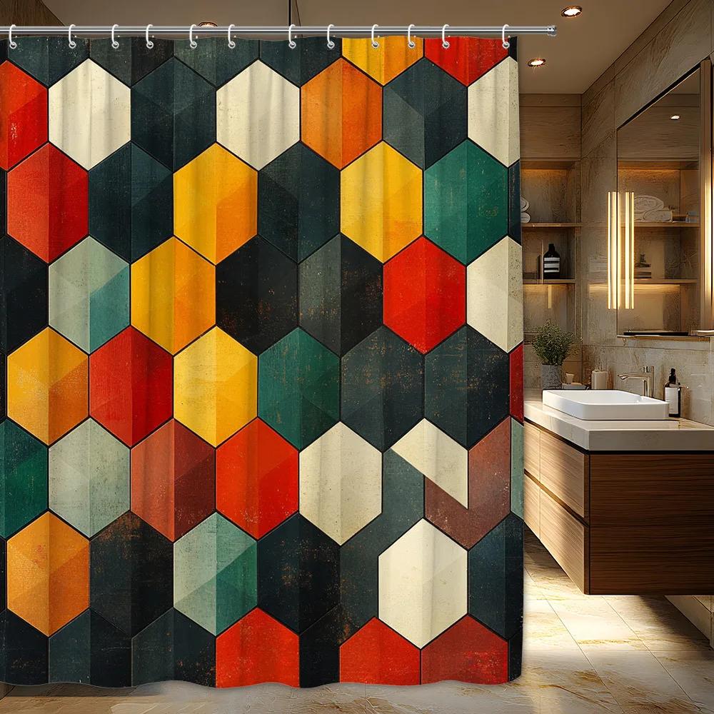 1 szt. Sześciokątna Artystyczna Zasłona Prysznicowa - Retro Mozaika, Czerwony Żółty Zielony Niebieski Biały Na Ciemnobrązowym, Poliester, Dekoracja Łazienki