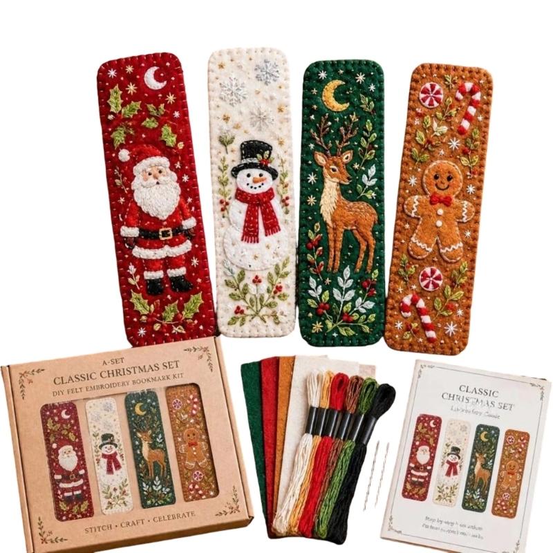 Handmade Christmas Embroidery Page Markers, with Step-by-Step Instruction Needle Thread for Book Lover Holiday Gift