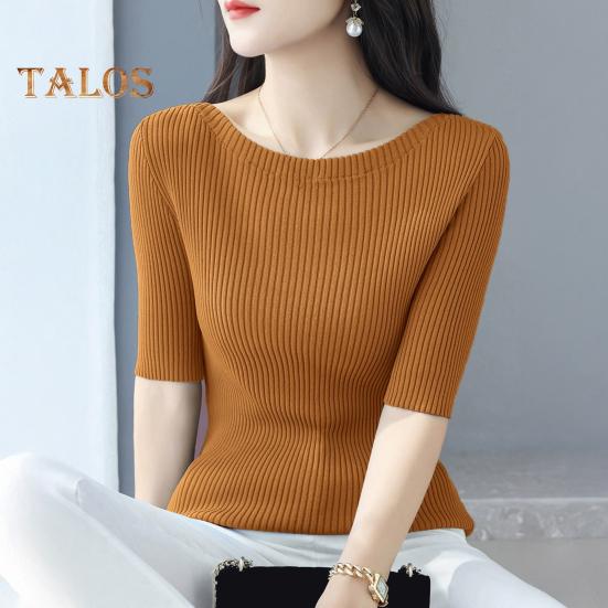Women Tops Slim Fit Solid Color Ribbed T-Shirt Round Neck Half Sleeve Elastic Pullover Tops Daily Wear