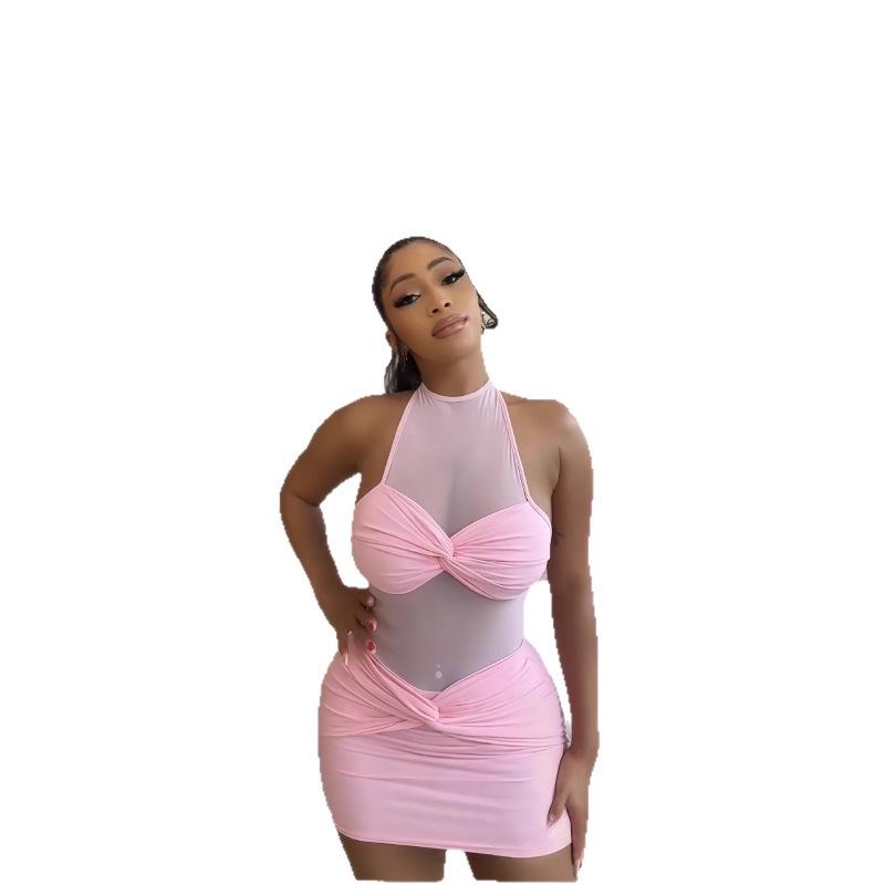 2025 Summer Women's Mesh Patchwork Halter Sleeveless Lace Bodycon Dress