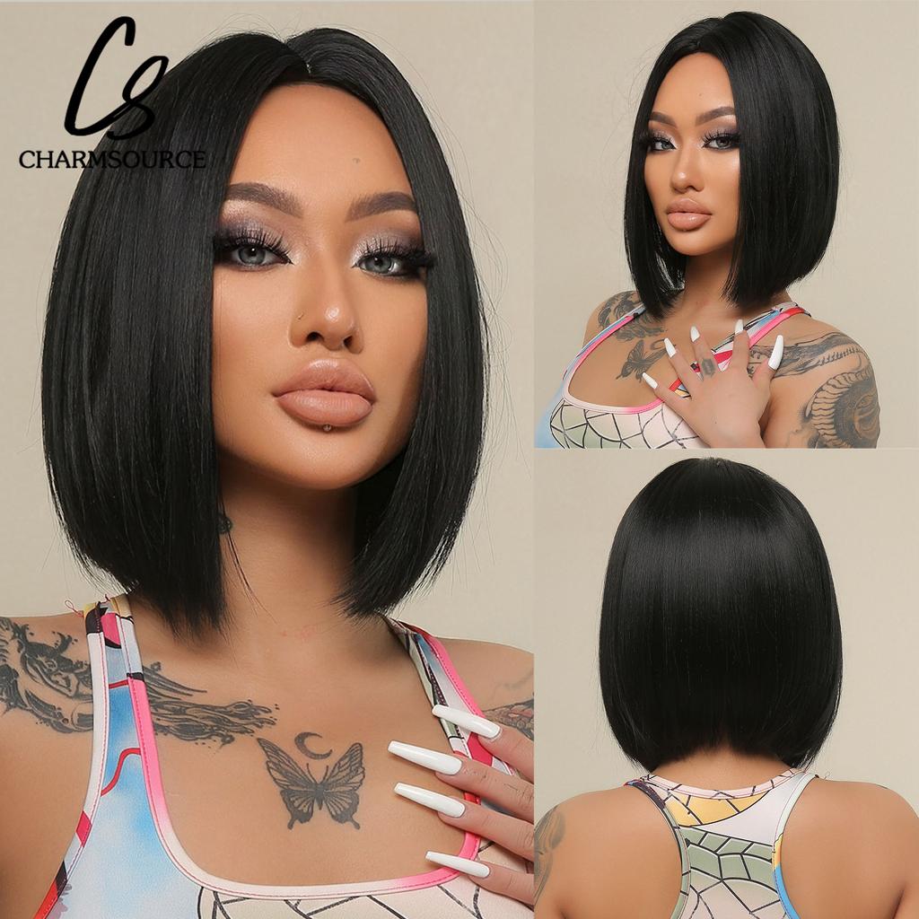 Short Synthetic Wigs Dark Brown Natural Wig with Side Bangs for Women Cosplay Daily Party Pixie Cut Wigs High Temperature Fibre