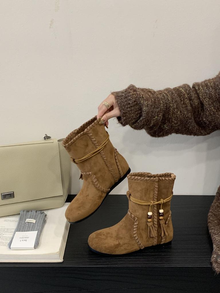 2025 Autumn New Retro Strap Fringed Boots Bosmian Flat Bottom Short Boots Women