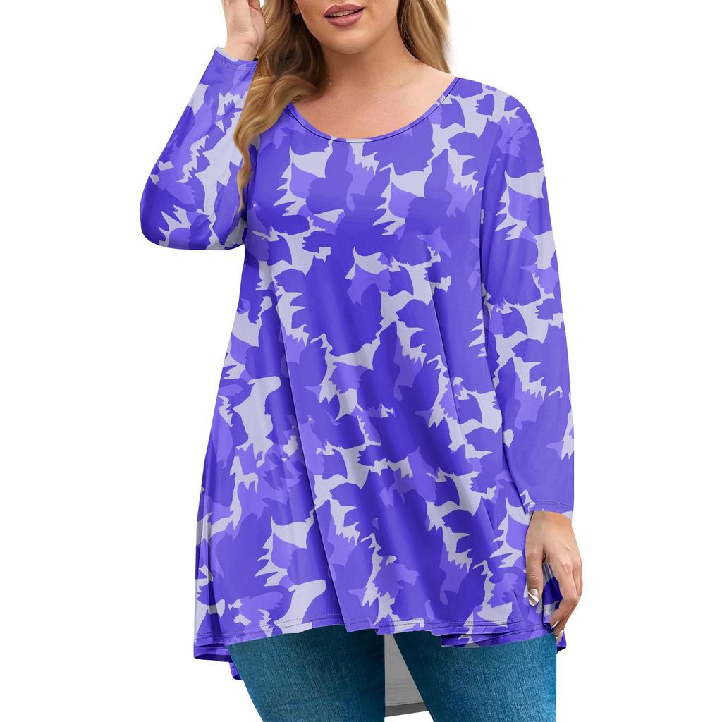 Women's Plus Size Top, Garden Collar Long Sleeved Shirt, Fashionable Floral Print Casual Top