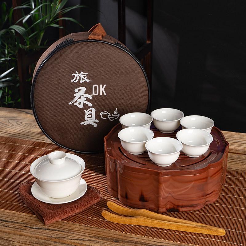 Portable Ceramic Kung Fu Tea Set with Tray, Cups, Teapot, and Lid Bowl