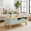 Living Room Coffee Table, Rectangular Side Table with Drawer, Door and Open Compartment, Light Green and Oak