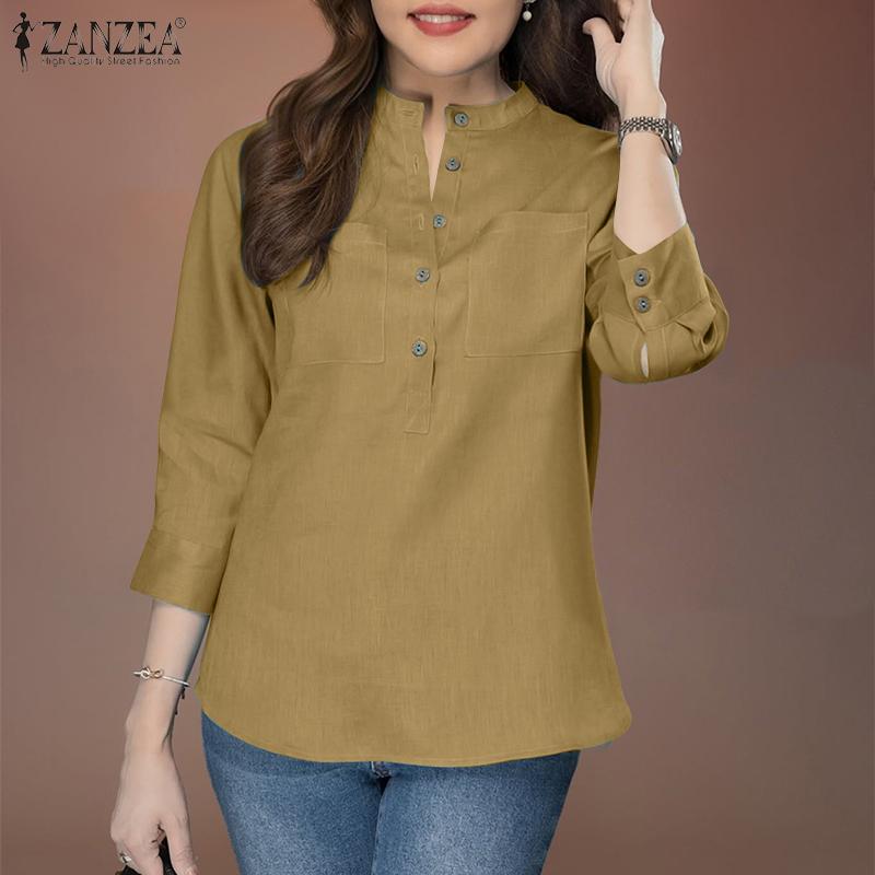 ZANZEA Blusa de Algodón Casual de Mujer con Cuello en V Suelta Manga 3/4