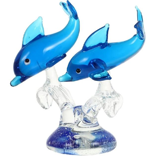 Double Crystal Glass Dolphins Figurines Collectibles, Miniature Handmade Sea Animal Sculpture Statue, Birthday for Women Men Kids, Home Office Desk