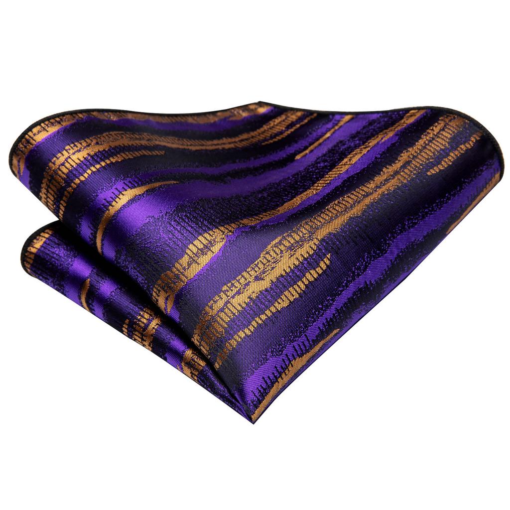 Hi-Tie Fashion Mens Striped Necktie Purple Tie Hanky Cufflinks for Wedding Business Party