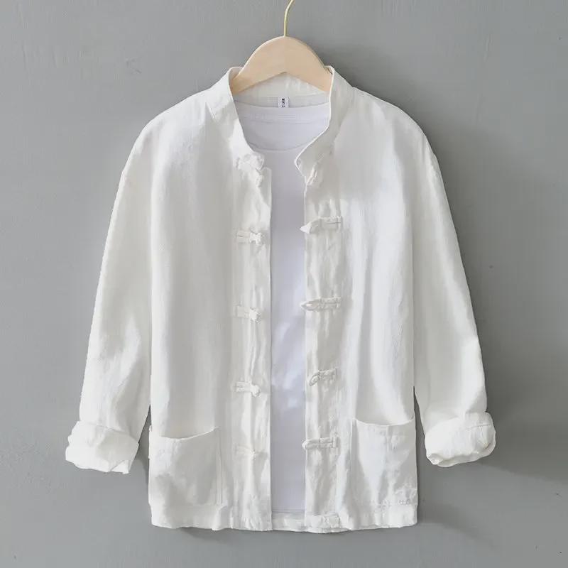Men's Chinese Buttoned Cotton-Linen Shirt Jacket: Casual Tang Suit, Loose Ancient-Style Hanfu, Large Size, Middle-Aged Top