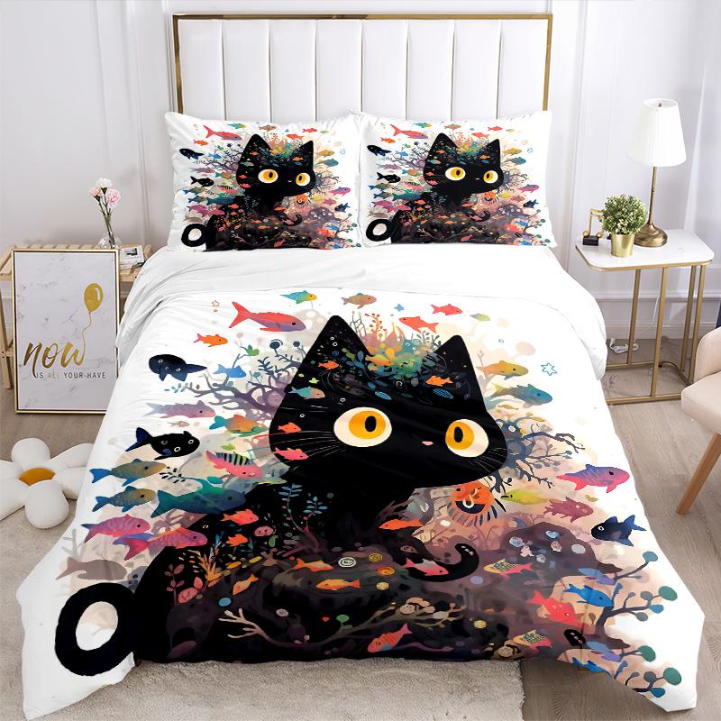 3pcs Colorful Fish & Kitten Printed Bedding Set, Soft and Comfortable Quilt Cover for Bedroom, Guest Room (1 Duvet Cover + 2 Pillowcases, Pi