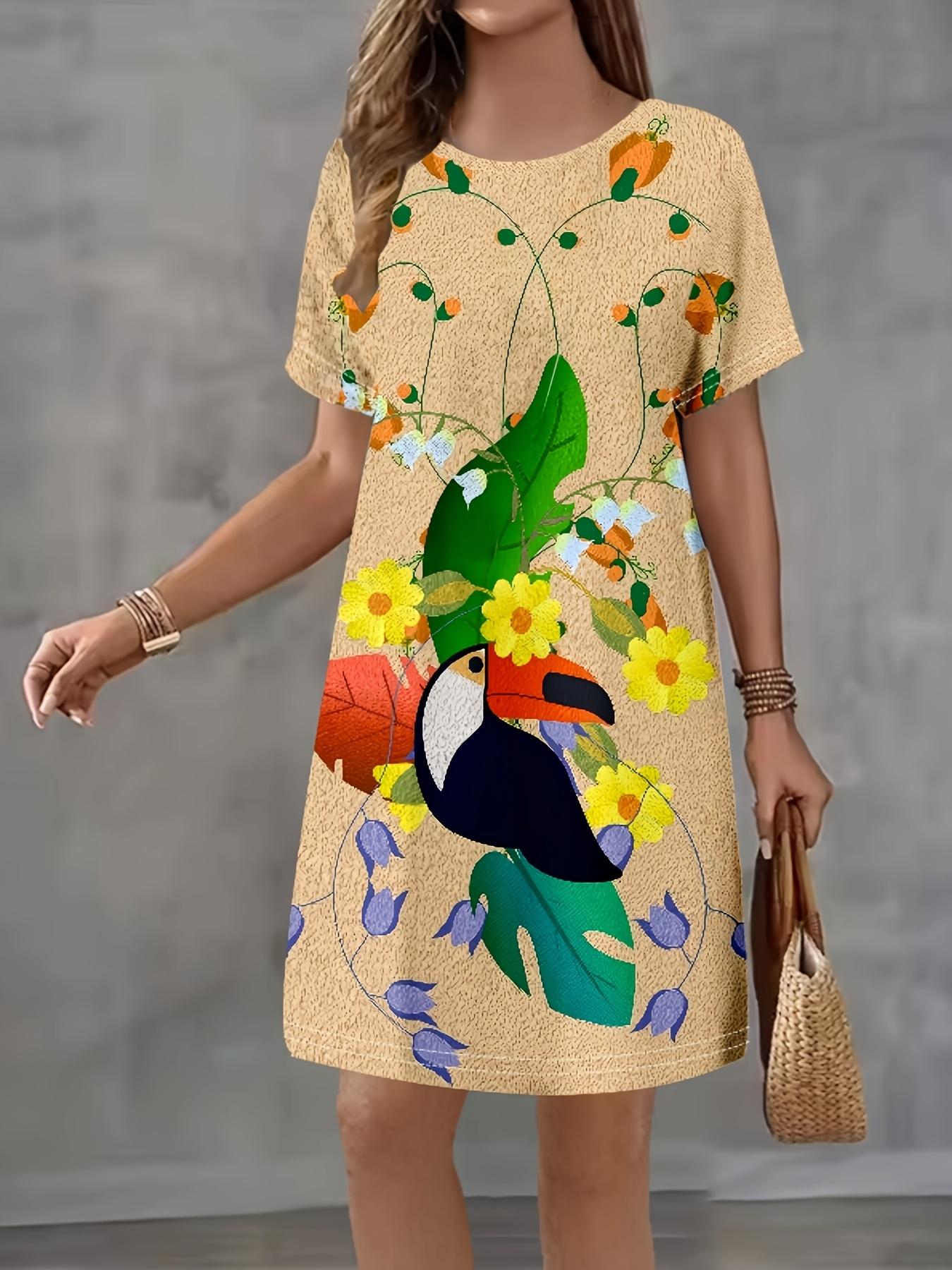 

Casual Short-Sleeve Dress for Women Featuring a Toucan Flower Print 4XL дубильная кора