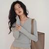Cotton Gray V-neck Long Sleeved T-shirt for Women In Autum Solid Color Base Shirt for Slimming and Trendy Top