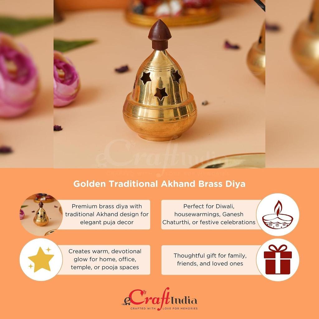 CraftIndia Golden Traditional Akhand Brass Diya for Puja Room, Home,
