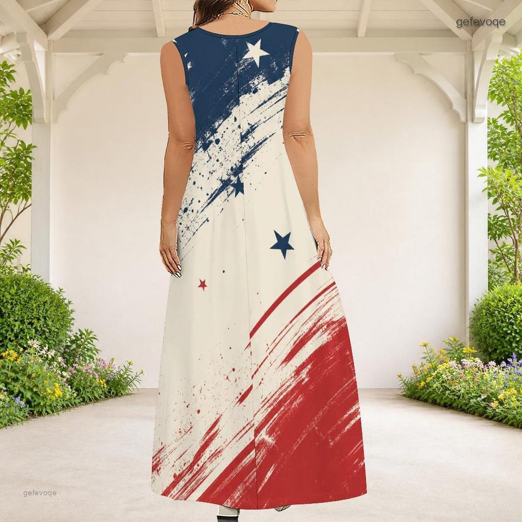 Women Plus Size Sleeveless Scoop Neck Eagle Star Print A Line Long Maxi Dress