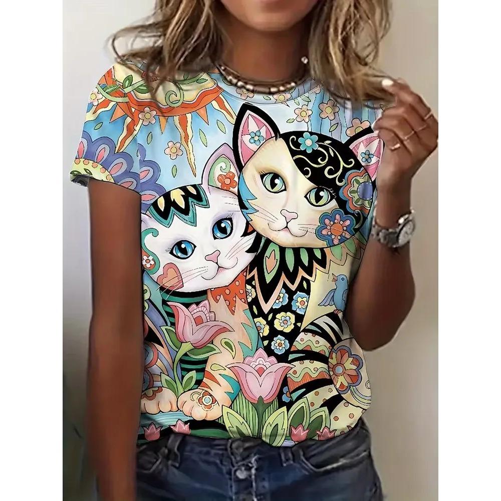 Sommer Damen 3D-Druck Rundhals T-Shirt Mode Vielseitig Atmungsaktiv Trend Lässig