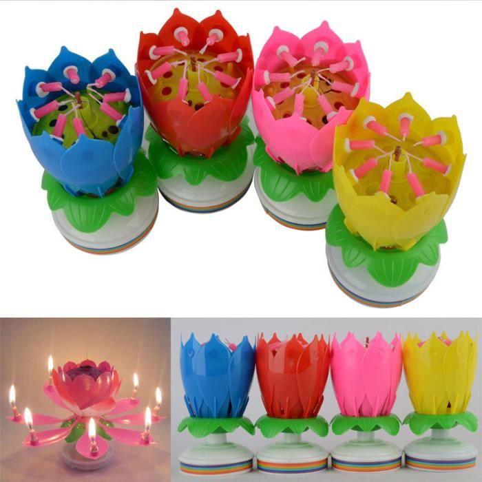 Bougie d'Anniversaire Fleur Lotus Rotation Musique Décoration Gâteau Fête Couleur Aléatoire