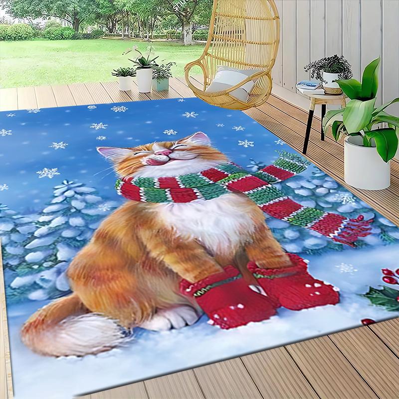 Winter Cat Snowscape Carpet Rug Soft Washable Anti Slip Home Living Room Sofa Mats Personalized Christmas Rug
