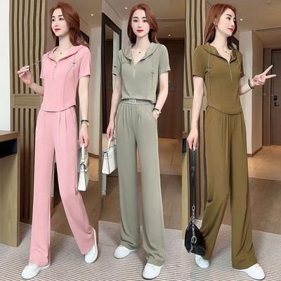 Summer Fashion Sporty Casual Set Women's Short Sleeve Sweatshirt Slimming High Waist Wide Leg Pants Two Piece Set