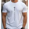 Mens Summer High Quality Cotton Tops Fashionable Casual Loose Large Cross and Jesus Letter Printed Sports Round Neck Tops