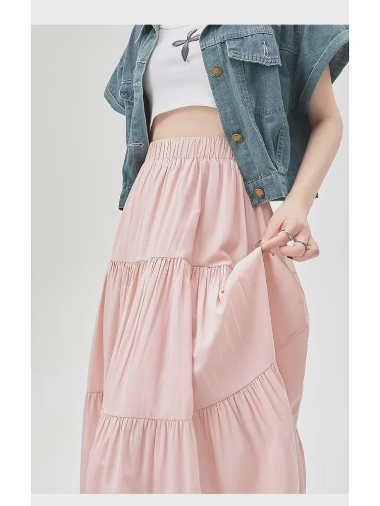 Women's French-Style High Waist A-Line Drape Skirt - Spring/Summer Casual Long Cake Design