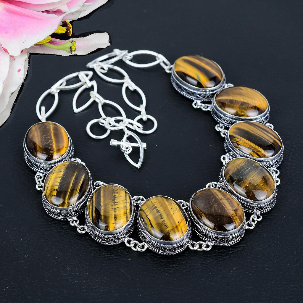 Tiger Eye Gemstone Handmade 925 Sterling Silver Jewelry Necklace 18" KG-1648