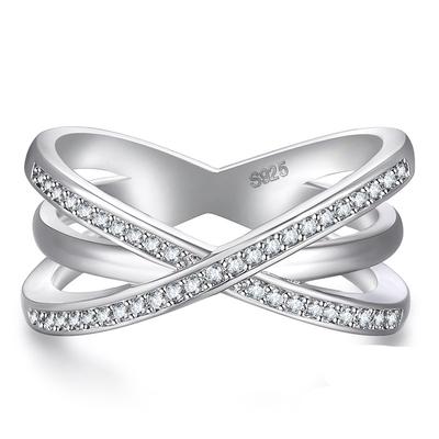 Fashion Solid Silver Color Filled Ring For Women Cross X Shape Exquisite Party Cocktail Ring Zirconia Micro Paved