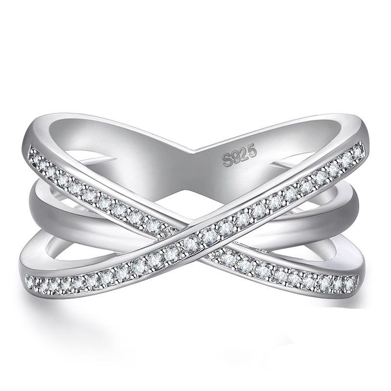 

Fashion Solid Silver Color Filled Ring For Women Cross X Shape Exquisite Party Cocktail Ring Zirconia Micro Paved 10