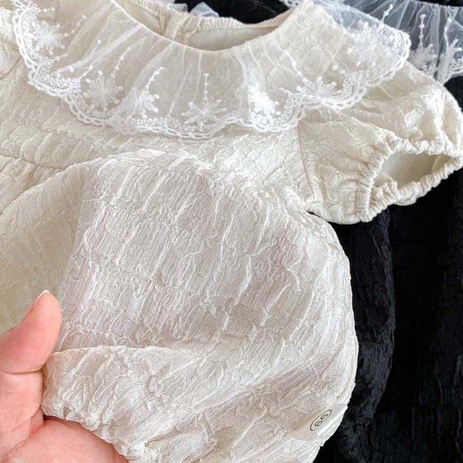 Korean Style Baby Girl Summer Romper with Lace Ruffle & Peter Pan Collar