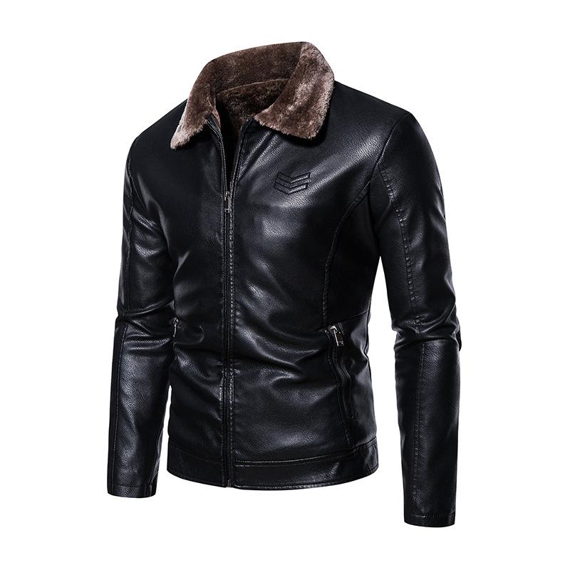Winter velvet lapel PU leather jacket for men, fashionable large size men's leather jacket for men