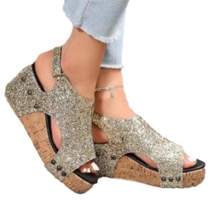 Women's Plus Size Sequin Gladiator Sandals Flat Wedge Thick Sole Peep Toe Shoes
